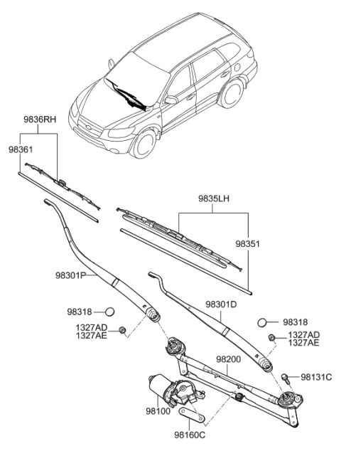 2007 Hyundai Santa Fe Windshield Wiper Motor Assembly Diagram for 98110-2B000