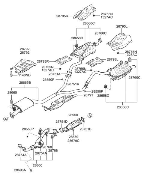 2007 Hyundai Santa Fe Center Muffler Assembly Diagram for 28650-2B350-S