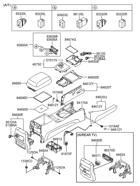 2009 Hyundai Santa Fe Console Armrest Assembly Diagram for 84660-0W550-J9