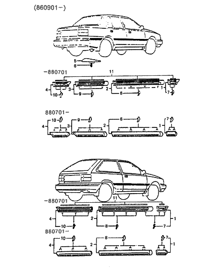 1986 Hyundai Excel Clip-Fender Waist Line Moulding Mounting Diagram for 87741-21120