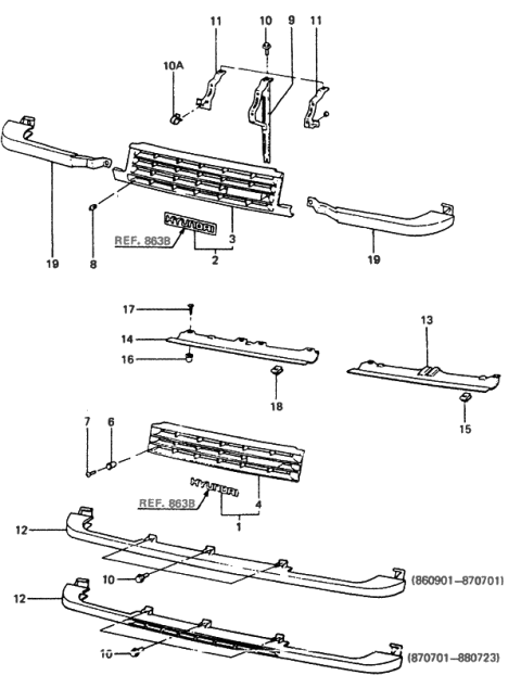 1988 Hyundai Excel Radiator Grille Assembly Diagram for 86350-21191-CA