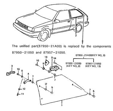 1985 Hyundai Excel Quarter Swivelling Glass Diagram