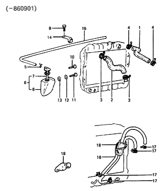 1986 Hyundai Excel Radiator Reservoir And Hose Assembly Diagram for 25430-21050