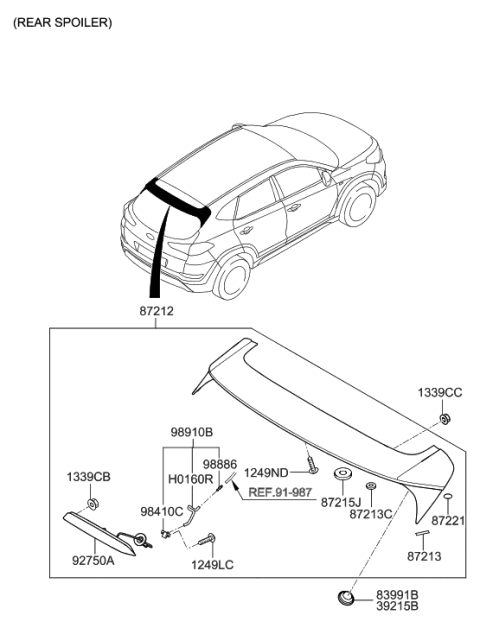 2016 Hyundai Tucson Rear Spoiler Assembly Diagram for 87210-D3000-R2U
