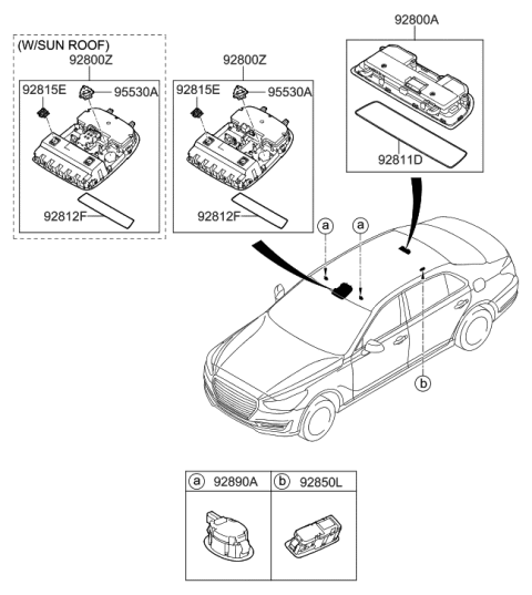 2019 Hyundai Genesis G90 Overhead Console Lamp Assembly Diagram for 92810-D2020-VHC