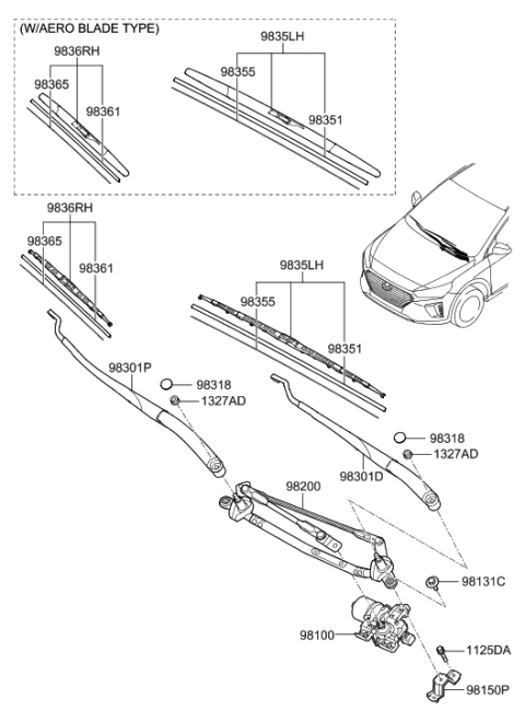 2018 Hyundai Ioniq Wiper Blade Assembly,Driver Diagram for 98350-B1000