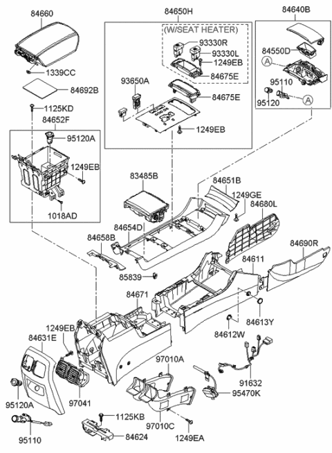 2006 Hyundai Azera Console Armrest Assembly Diagram for 84660-3L000-9N