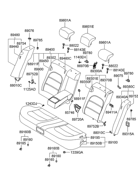 2006 Hyundai Azera Rear Seat Back Armrest Assembly Diagram for 89900-3L320-WKS