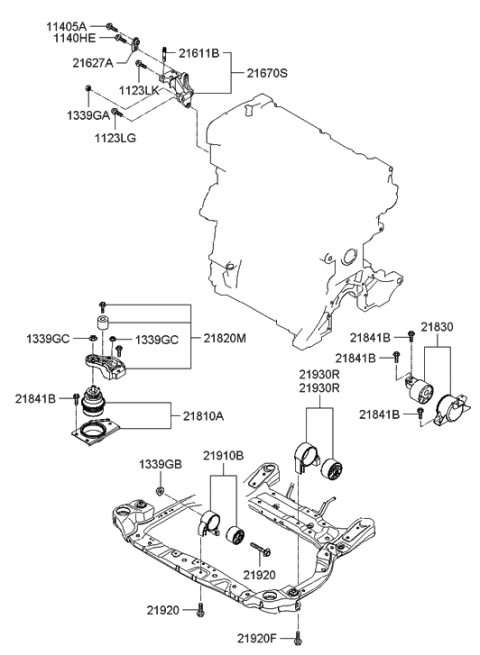 2005 Hyundai Accent Engine Mounting Bracket Assembly Diagram for 21810-1G000