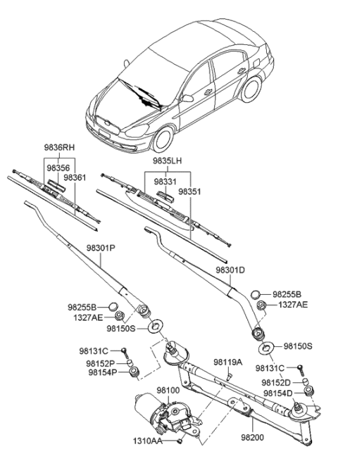 2005 Hyundai Accent Windshield Wiper Arm Assembly(Passenger) Diagram for 98320-1G000