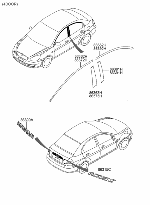 2005 Hyundai Accent Tape-Rear Door Black Frame Upper,RH Diagram for 86392-1E000