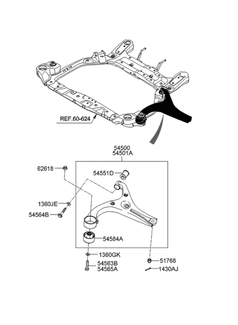 2005 Hyundai Accent Arm Complete-Front Lower,LH Diagram for 54500-1E000