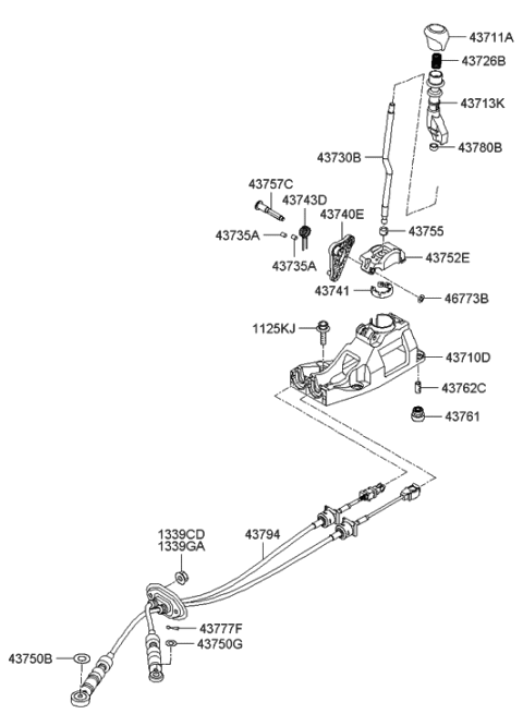 2006 Hyundai Accent Manual Transmission Lever Cable Assembly Diagram for 43794-1G100