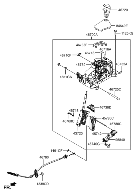 2015 Hyundai Elantra Automatic Transmission Lever Cable Assembly Diagram for 46790-3Y500