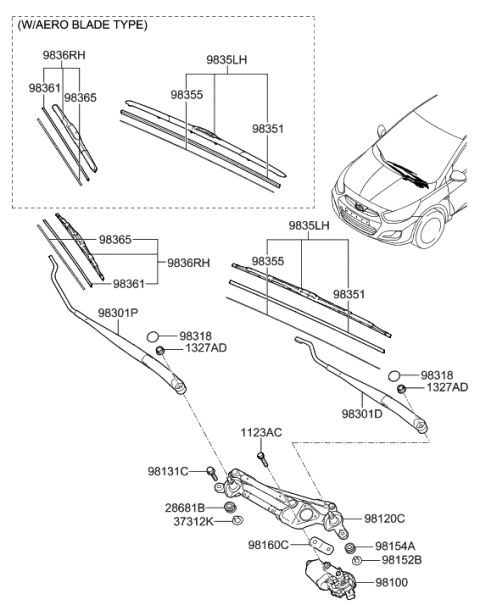 2014 Hyundai Accent Wiper Blade Assembly,Driver Diagram for 98350-1R100