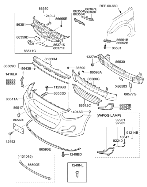 2014 Hyundai Accent Front Bumper Lower Lip Assembly Diagram for 86591-1R000