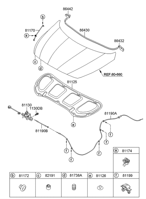 2012 Hyundai Accent Latch Assembly-Hood Diagram for 81130-1R000