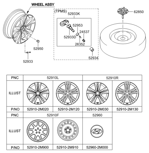 2009 Hyundai Genesis Coupe Front Aluminium Wheel Assembly Diagram for 52910-2M120