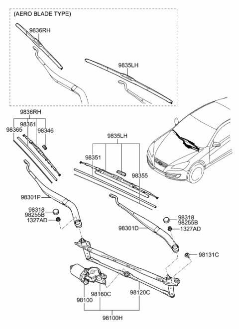 2009 Hyundai Genesis Coupe Wiper Blade Assembly,Driver Diagram for 98350-2M010