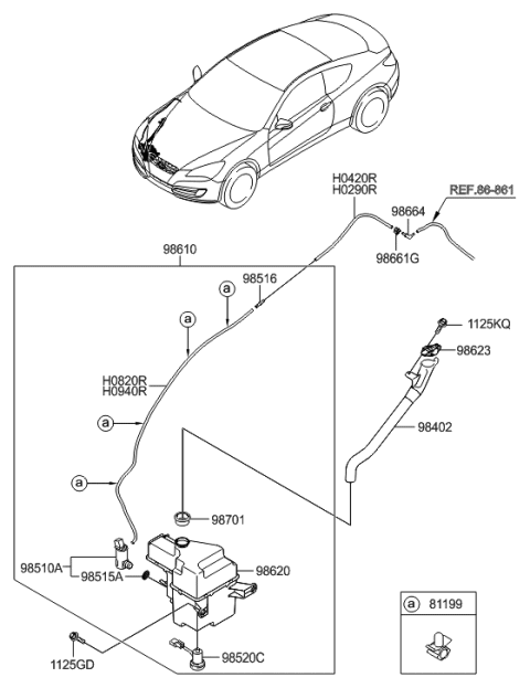 2010 Hyundai Genesis Coupe Windshield Washer Reservoir Assembly Diagram for 98611-2M000