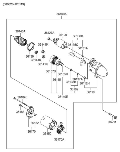 2010 Hyundai Genesis Coupe Starter Assembly Diagram for 36100-3C040