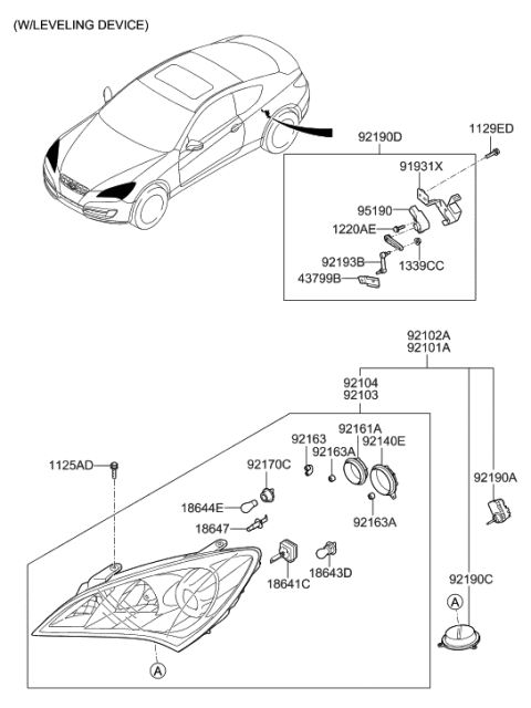 2008 Hyundai Genesis Coupe Front Turn Signal Lamp Holder Assembly Diagram for 92166-2M000-AS