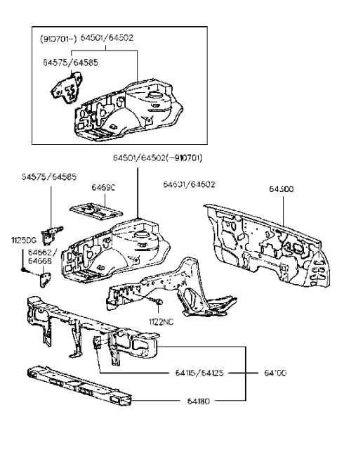 1994 Hyundai Excel Fender Apron & Radiator Support Panel Diagram