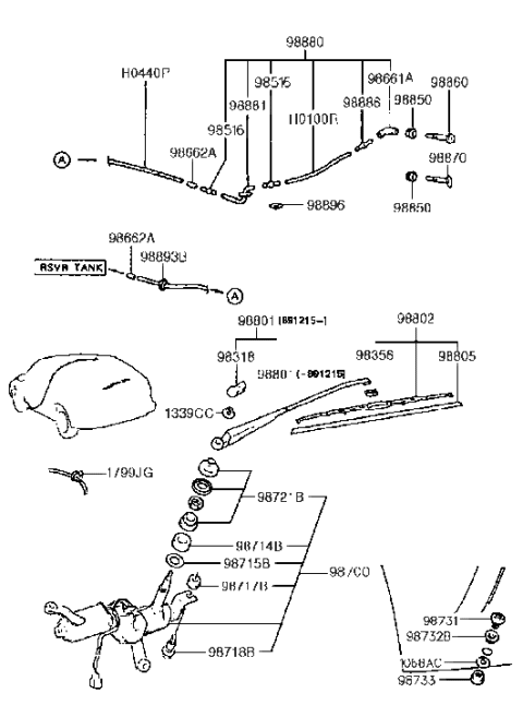1992 Hyundai Excel Rear Wiper Arm Assembly Diagram for 98801-24001