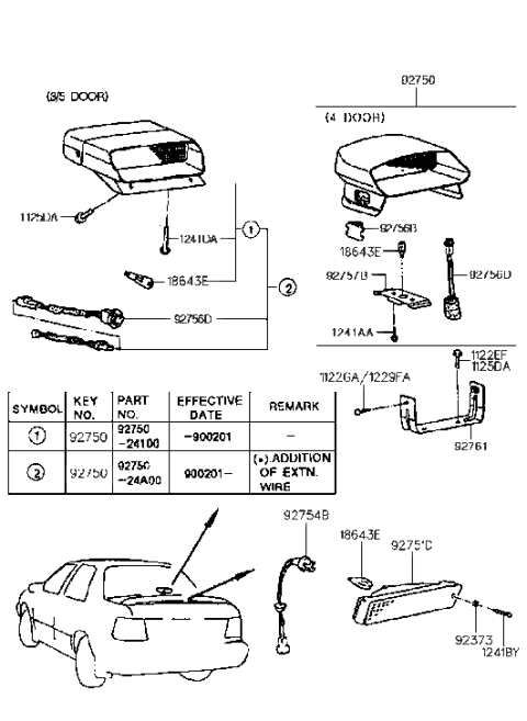 1991 Hyundai Excel Lamp Assembly-High Mounted Stop Interior Diagram for 92750-24A00-PR