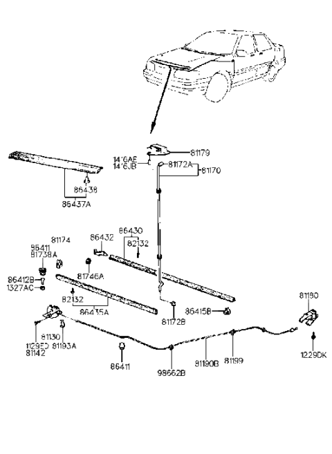 1991 Hyundai Excel Handle Assembly-Hood Latch Release Diagram for 81180-24100-AQ