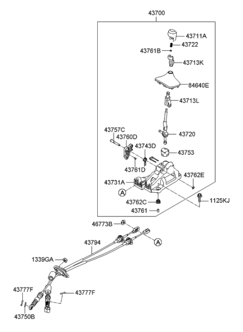 2013 Hyundai Elantra Manual Transmission Lever Cable Assembly Diagram for 43794-3X200