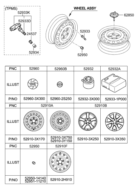 2011 Hyundai Elantra Aluminium Wheel Assembly Diagram for 52910-3X450