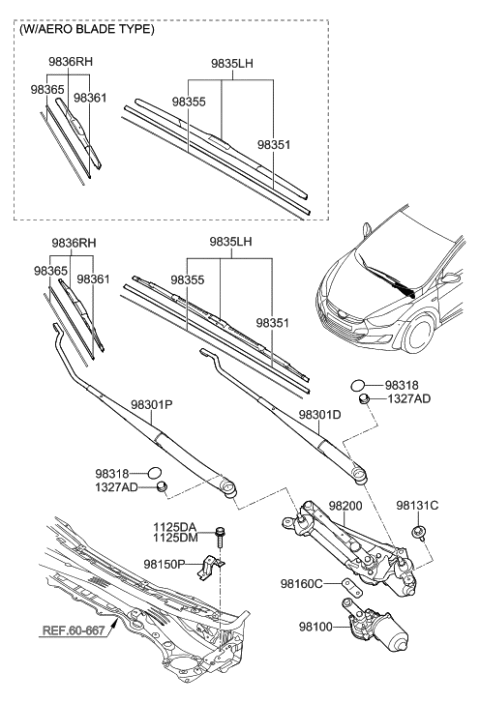 2013 Hyundai Elantra Front Wiper Blade Assembly,Driver Diagram for 98350-3X500