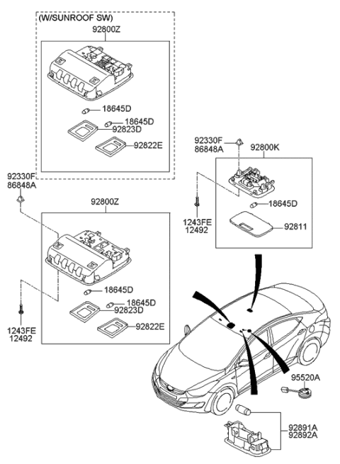 2013 Hyundai Elantra Overhead Console Lamp Assembly Diagram for 92800-3X000-YDA