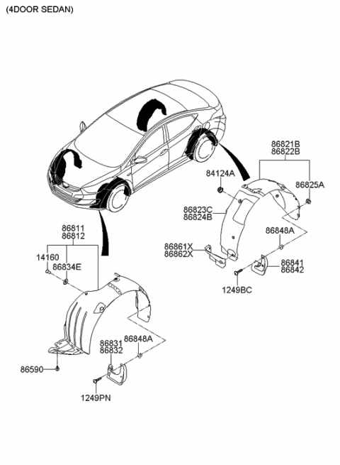 2011 Hyundai Elantra Rear Wheel Guard Assembly,Right Diagram for 86822-3X100