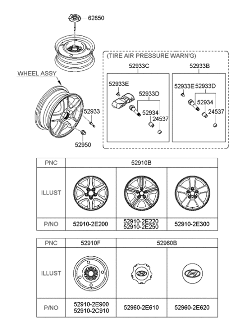 2006 Hyundai Tucson Aluminium Wheel Hub Cap Assembly Diagram for 52960-2E610