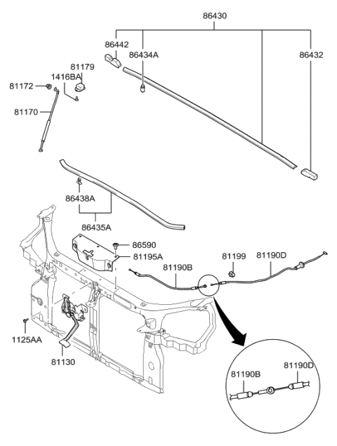 2006 Hyundai Tucson Cable Assembly-Hood Latch Release Diagram for 81190-2E000