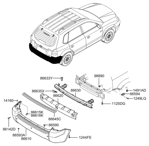 2005 Hyundai Tucson Rear Bumper Cover Assembly Diagram for 86610-2E030
