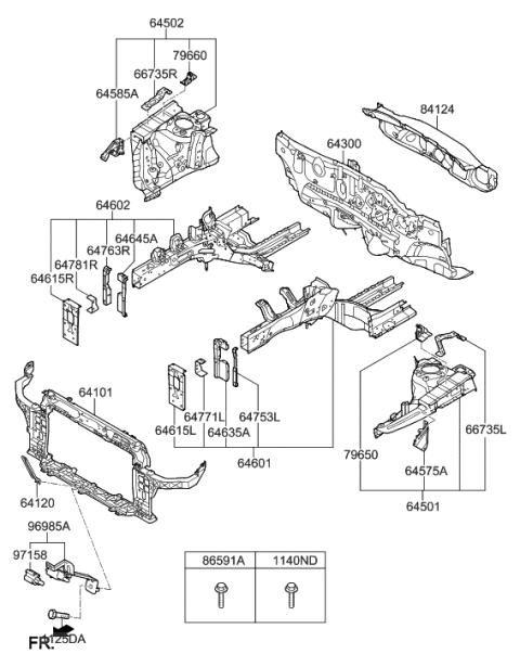 2012 Hyundai Veloster Fender Apron & Radiator Support Panel Diagram