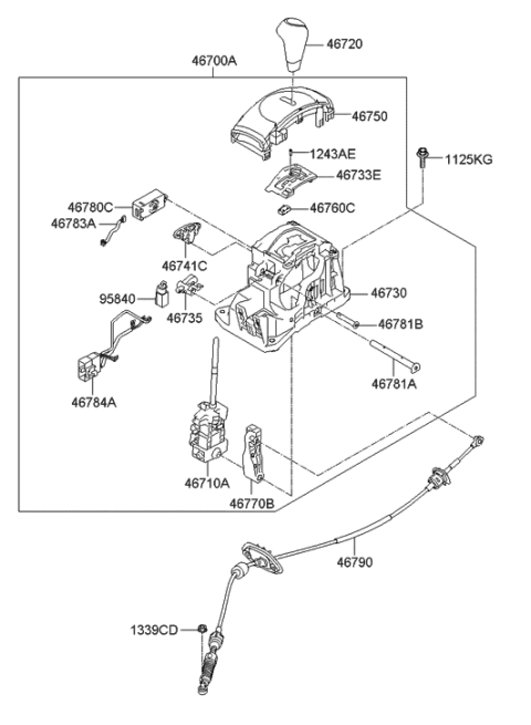 2011 Hyundai Veloster Automatic Transmission Lever Cable Assembly Diagram for 46790-2V300
