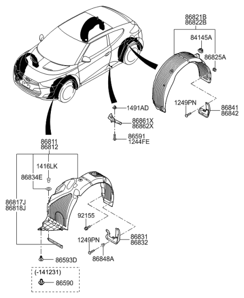 2014 Hyundai Veloster Front Wheel Guard Assembly,Right Diagram for 86812-2V000