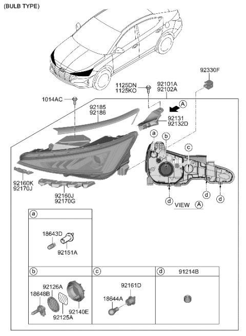 2020 Hyundai Elantra Right Side Headlight Halogen Diagram for 92102-F3500