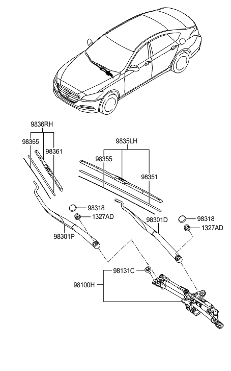 2015 Hyundai Genesis Windshield Wiper Motor & Link Assembly Diagram for 98100-B1000