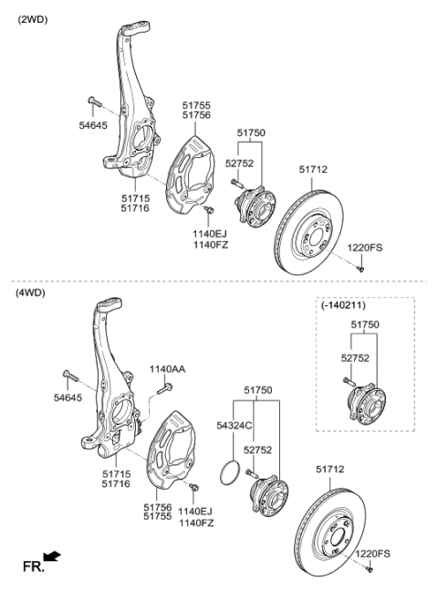 2014 Hyundai Genesis Front Wheel Hub Assembly Diagram for 51750-B1051