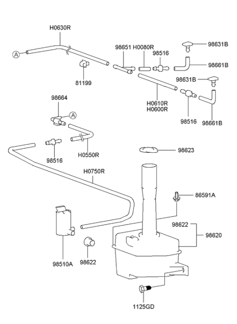2000 Hyundai XG300 Windsheild Washer Nozzle Assembly Diagram for 98630-39500