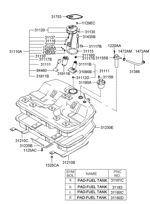 2000 Hyundai XG300 Fuel Pump Sender Assembly Diagram for 94460-39000