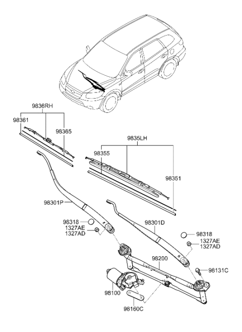 2006 Hyundai Santa Fe Crank Arm-Windshield WIPER Motor Diagram for 98160-2B000