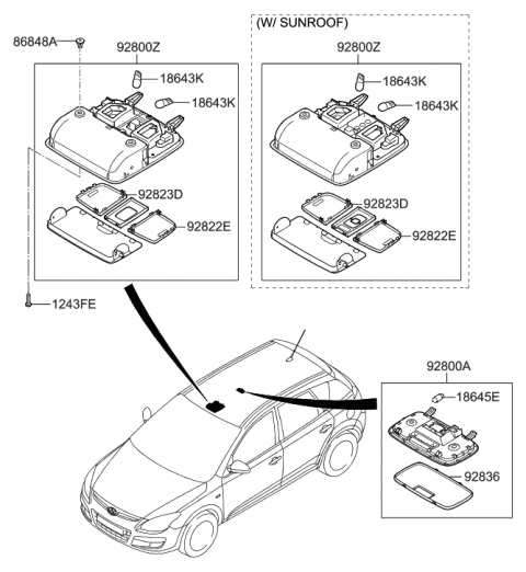 2012 Hyundai Elantra Touring Overhead Console Lamp Assembly Diagram for 92800-2L000-4W