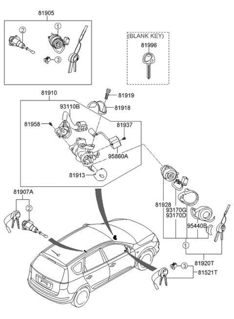 2008 Hyundai Elantra Touring Lock Key & Cylinder Set Diagram for 81905-2L120