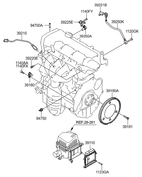 2009 Hyundai Elantra Touring Engine Control Module Unit Diagram for 39150-23163